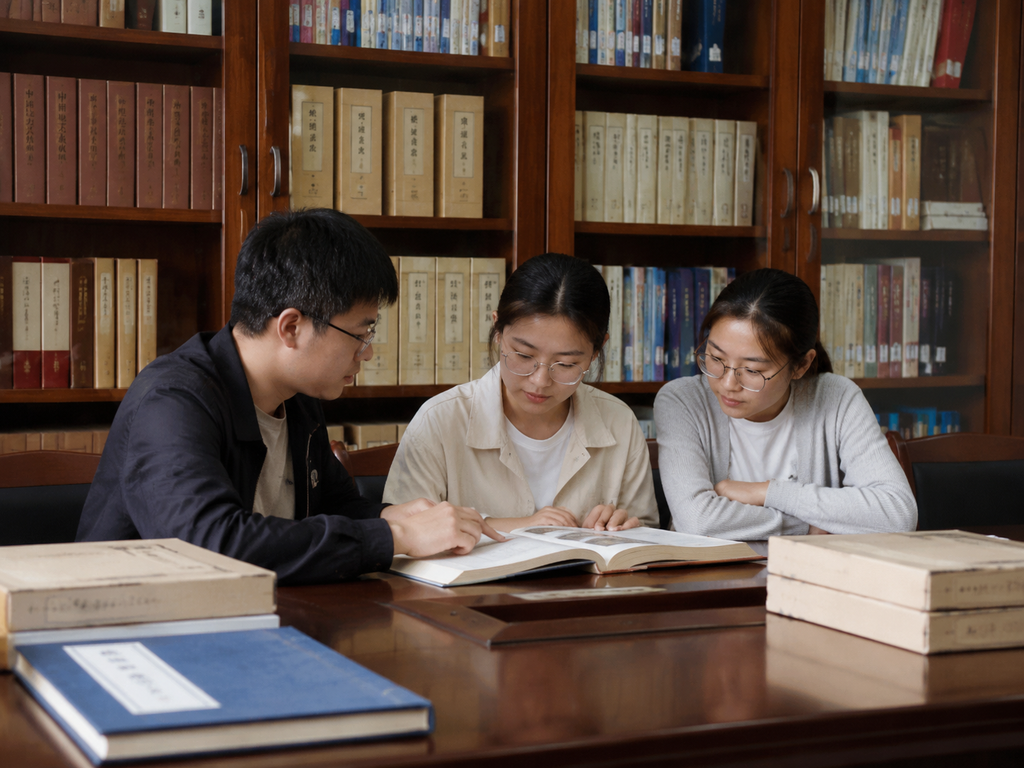 学生在学院资料室查阅地方文献